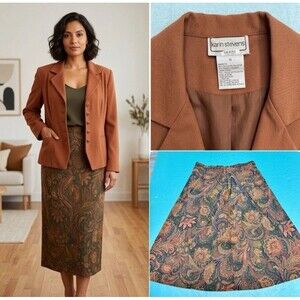 VTG Karin Stevens 2pc Skirt Suit Faux Suede Blazer And Paisley Maxi Skirt 16